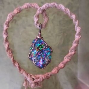 Multi colored, wire wrap necklace with hemp